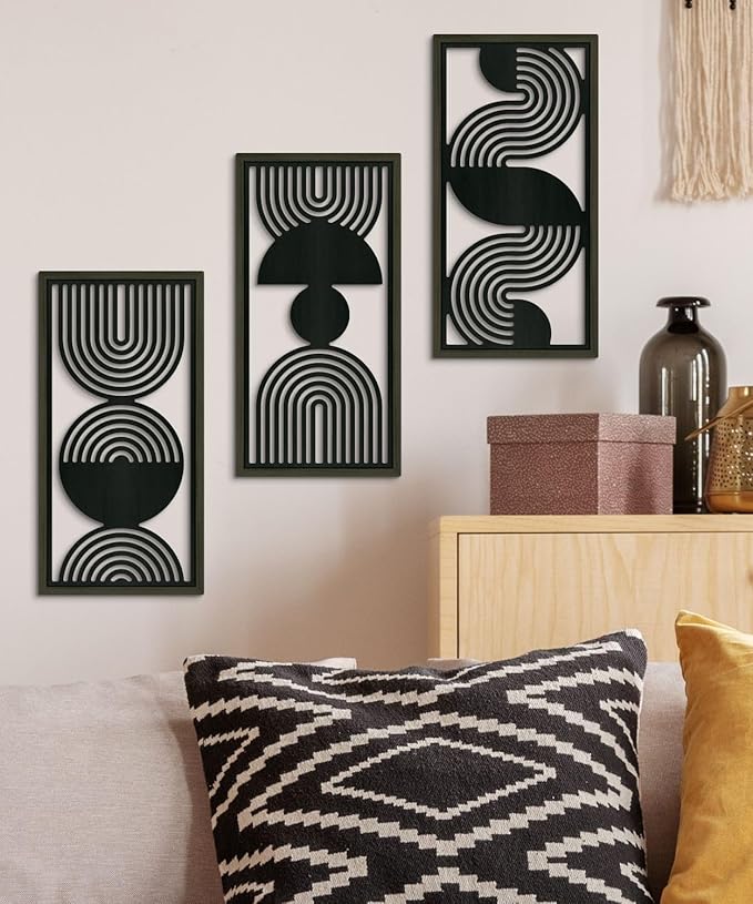 Putuo Decor Modern Minimalist Wall Art Set of 3, Black and Gray MDF Cut-Out Geometric Line Panels, Abstract Vertical Art for Living Room Bedroom Office Wall Decor