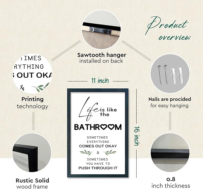 YWJKWLGS Funny Bathroom Decor Sign, Life is Like The Bathroom Wall Art with Wood Frame, 11x16 Inch, Farmhouse Bathroom Quote for Restroom Toilet (Black)