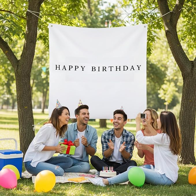 Oudain 59x59 Inch Happy Birthday Burlap Banner, Fabric Party Decorations Backdrop, Boho Rustic Photo Props Sign with Hanging String for Birthday Party Indoor Outdoor Yard Wall Decor