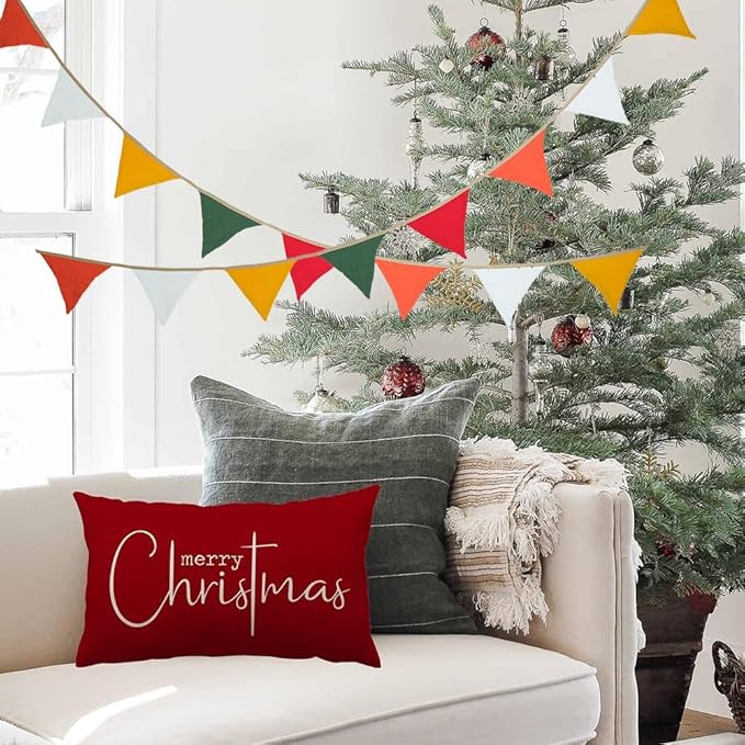 Pennant Banner Bunting Flags, Garland Triangle Banners Fabric for Merry Xmas Party Birthday Wedding New Year Party Supplies Classroom Nursery Playroom Decor (Red and Green)