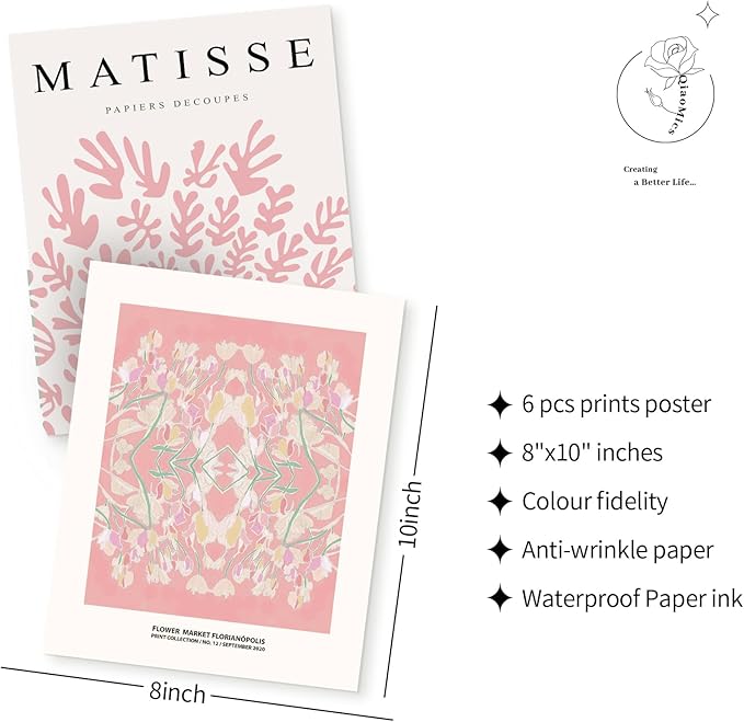 QIAOMICS Pink Flower Market Wall Art Prints,Cute Matisse Wall Decor Aesthetic,Colorful Exhibition Posters Wall Decor Posters for Bedroom,Dorm (8"×10" Unframed)