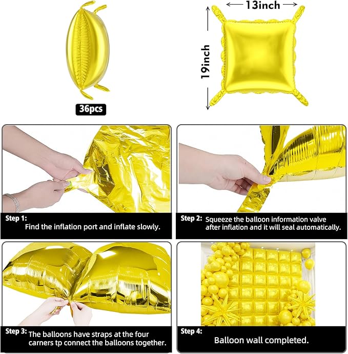 36pcs Yellow Square Foil Balloons Wall Backdrop with 79pcs Balloon Garland Arch Kit, Double Sided Balloon for Birthday Baby Shower Bridal Shower Anniversary Prom Graduation Party Decorations