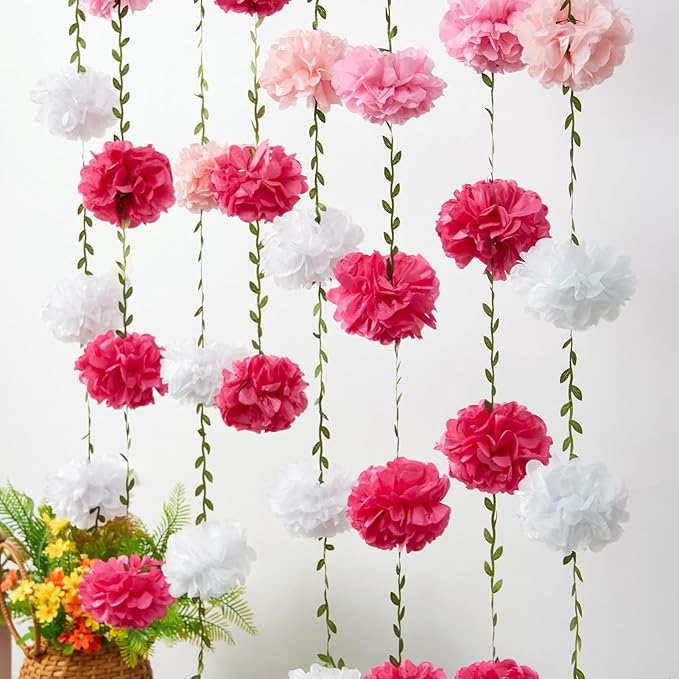 Gradient Pink Tissue Paper Pom Pom Garlands, Paper Flowers for Birthday Decorations, Baby Shower, Wedding Engagement, Bridal Shower, Spring Summer Party Decorations
