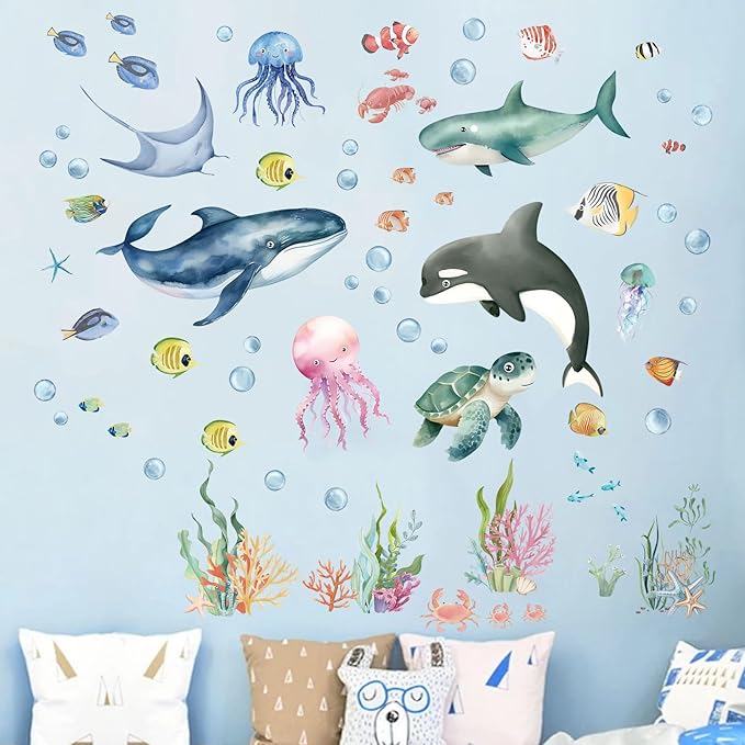 Under The Sea Wall Decals - Marine Theme Shark Whale Fish Sea Turtle Ocean Wall Stickers - Bathroom Baby Nursery Kids Bedroom Daycare Wall Decor
