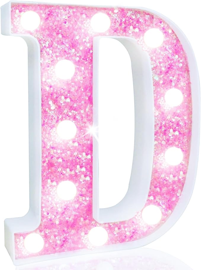 Pooqla LED Marquee Letter Lights, Light Up Letters Glitter Letter Sign Girls Gift, Battery Powered Night Light Pink Birthday Party Room Wedding Christmas Girls Bedroom Dorm Decoration, Cool White D