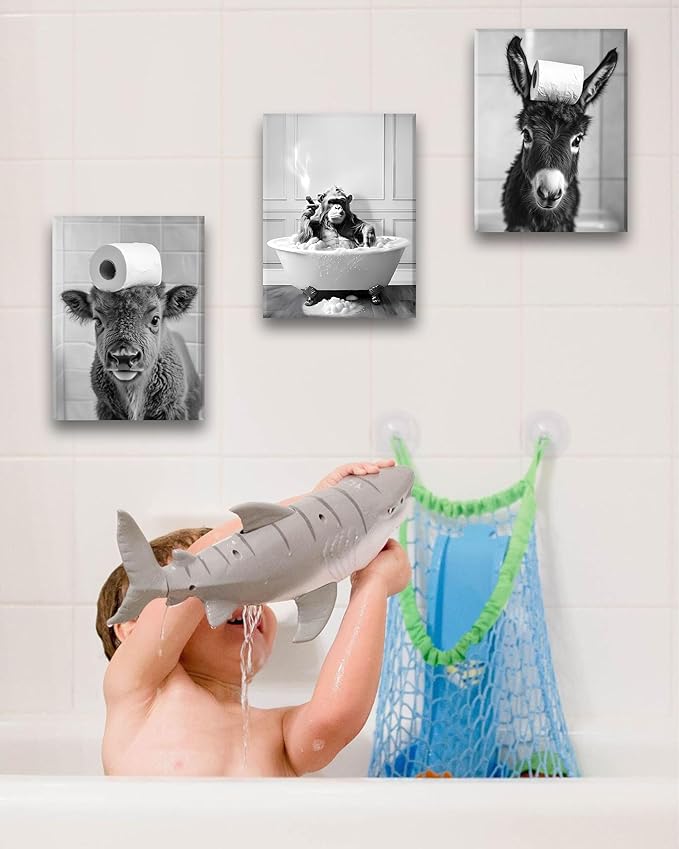 KensTro Funny Bathroom Wall Art Decor,12" x 16" Framed Canvas Bathroom Wall Art Picture,Black and White Donkey Toilet Paper Wall Art Animal Abstract Prints,Wall Decor for Bedroom Kid's Room,1Pack Gift