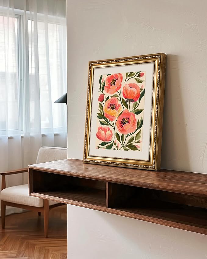VIYYIEA Gold Framed Peony Floral Wall Art, Elegant Pink Flower Canvas Painting for Living Room Bedroom Decor | Lightweight No Glass Design, Classic Ornate Golden Border | 13x16 Inch