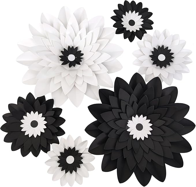 Black White Paper Flower for Wall (11''-7'' Assorted) DIY Floral Party Backdrop Nursery Room Baby Shower Girls Birthday New Year Party Photo Backdrop Pack of 6