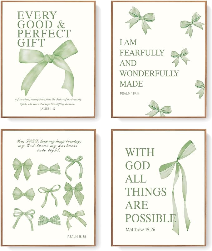 LARTSFRO Coquette Sage Green Bow Wall Art Decor Posters, Sage Green Bow Room Bedroom Bathroom Dorm Wall Art Decor Aesthetic for Teen Girls Gifts, Inspirational Bible Verses Bow Wall Decor, 10x8 Inch Set of 4 Pcs Bow Pictures (UNFRAMED)