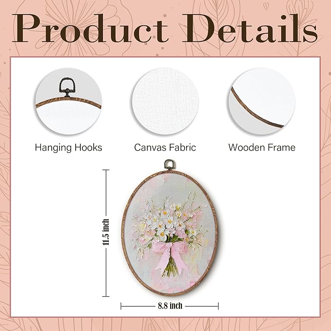 Vintage Pink Bow Floral Bouquet Oval Wall Art Framed, White Floral Oval Wall Decor, Vintage Flower Hanging Canvas Prints Wall Sculptures for Bedroom Living Room Decor, 8.5x11.5 Inch