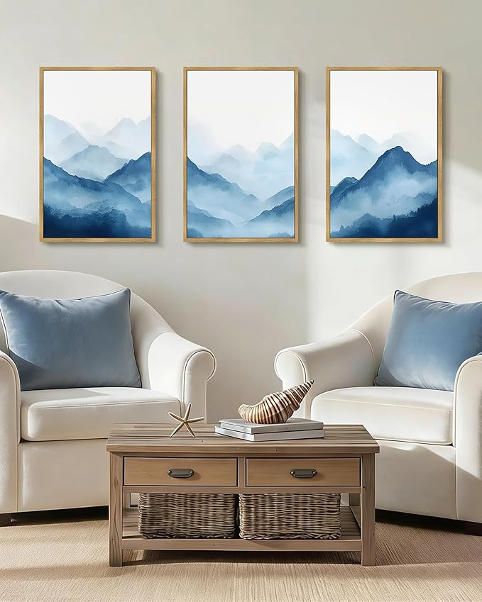 Drsoum Blue Fog Mountains Landscape Wall Art Framed Vintage Nature Misty Nordic Prints Ink Wash Watercolor Boho Farmhouse Rustic Artwork Hallway Bedroom Ready to Hang 16x24in Natural Framed