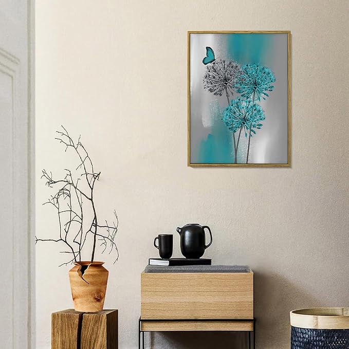 LB Teal Dandelion Framed Wall Art with Butterfly - Modern Teal Grey Canvas Wall Art for Home Contemporary Aesthetic Wall Decor for Home, Ready to Hang 17x12 Inch, Living Room Bedroom Bathroom Decor