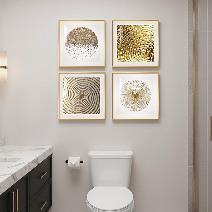 Framed Gold Modern Wall Art Prints, Set of 4 Piece Abstract Geometric White and Gold Wall Decor, Minimalist Contemporary Glam Square Wall Art for Dining Room Bedroom Office, 12x12 Inch