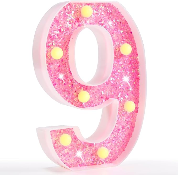 Pooqla Marquee Numbers, Pink Light Up Numbers for Girls 9th Birthday, Battery Powered Glitter Number Night Light Gift for Christmas Bedroom Dorm Classroom Party Decoration, Pink Number 9