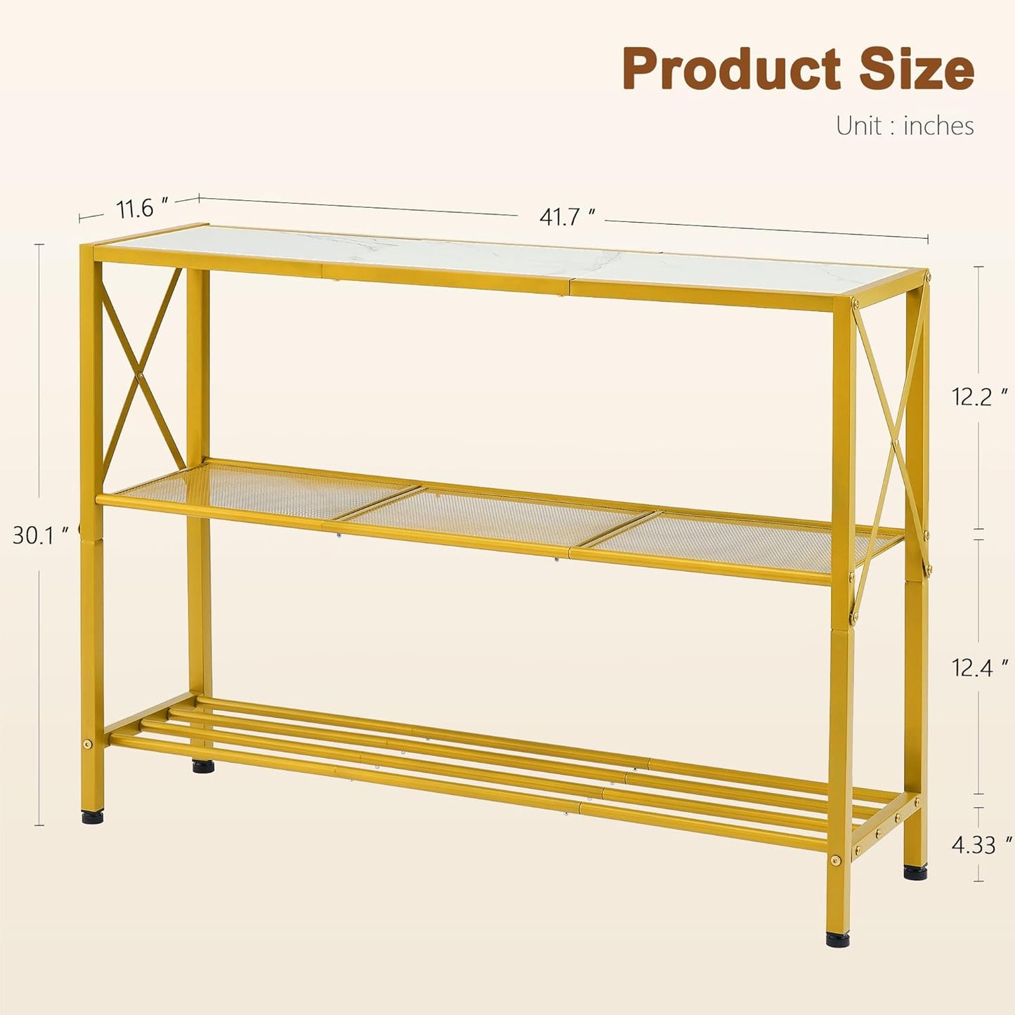 Hoctieon Gold Console Table, 3 Tier Entryway Table, Hallway Table, Narrow Sofa Table with Shelves, Entrance Table for Entryway, Gold and White