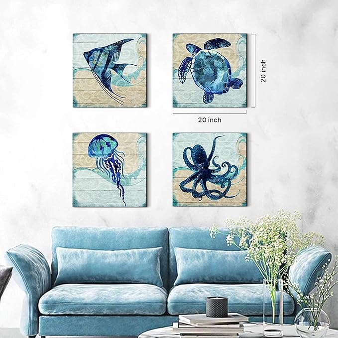 Ocean Animal Theme Wall Art Teal Blue Mediterranean Style Wall Decor for Bathroom Nursery Octopus Turtle Sea Fish Angelfish Pictures Nautical Beach Canvas Prints Artwork Home Decoration 20x20” 4Pcs
