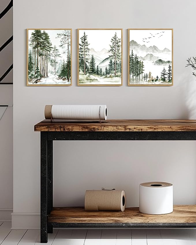 Drsoum Green Tree Forest Mountain Framed Wall Art Nature Landscape Prints Morden Wilderness Artwork Hallway Bedroom Ready to Hang 11x14in Natural Framed