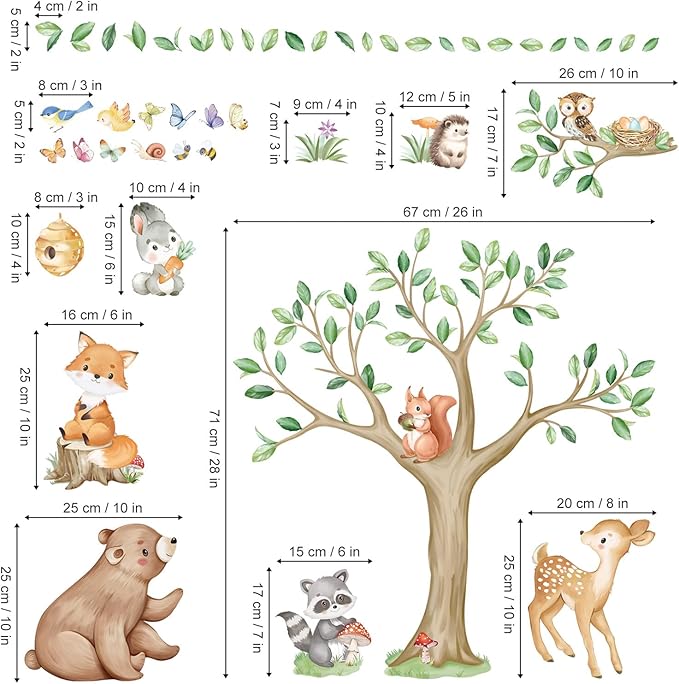 wondever Woodland Animal Tree Wall Stickers Bear Deer Fox Owl Peel and Stick Wall Art Decals for Baby Nursery Kids Bedroom Living Room