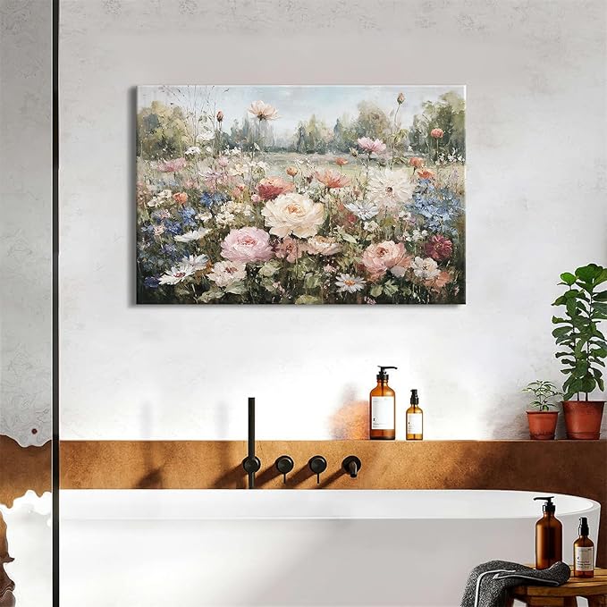 Vintage Wildflowers Wall Art Roses Daisy Canvas Painting for Living Room Farmhouse Colorful Flower Canvas Prints Rustic Country Nature Floral Landscape Artwork for Bedroom Home Decorations 24x36"