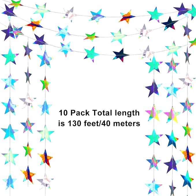Patelai Glitter Star Garland Banner 2026 Graduation Decor 130 Feet Star Hanging Banner Twinkle Backdrop for Party Birthday Classroom Wedding Supplies(Holographic Iridescent)