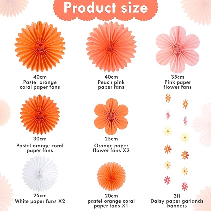 SUNBEAUTY Paper Flowers Decorations for Wall, Spring Pink and Orange Party Decorations, Orange Pink Groovy Paper Fans Classroom for Wall Hanging Decor for Office Baby Shower Bulletin Board, Set of 9