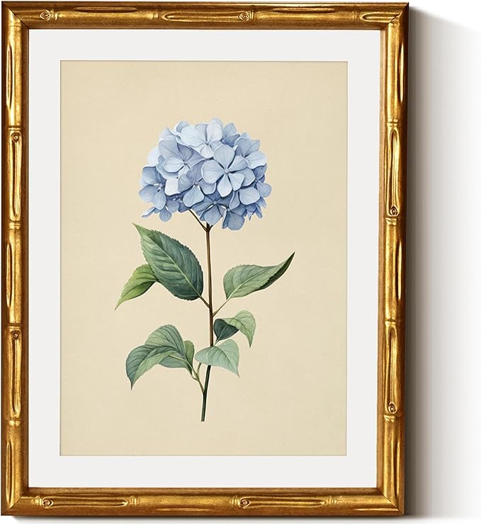 InSimSea Gold Bamboo Framed Canvas Wall Art, Vintage Hydrangea Flower Prints, Antique Moody Picture Frame with Mat, Victorian Home Wall Decor for Kitchen Dining Living Room Bedroom, 11x14inch