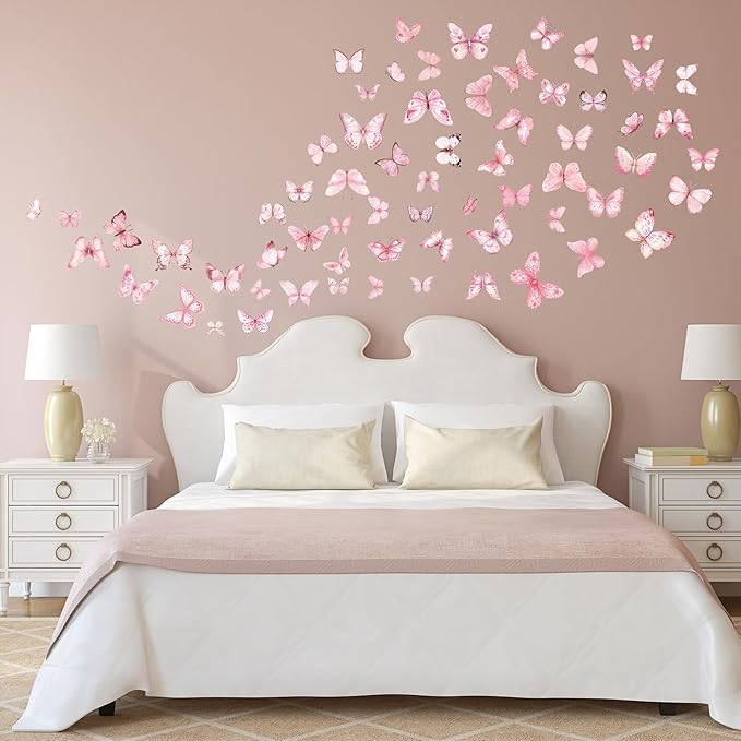 Glow in The Dark Pink Butterfly Wall Decals，Glowing Luminous Watercolor Butterfly Wall Stickers Removable self-Adhesive Butterfly Decals for Girls Bedroom Kids Baby Nursery Living Room Decor