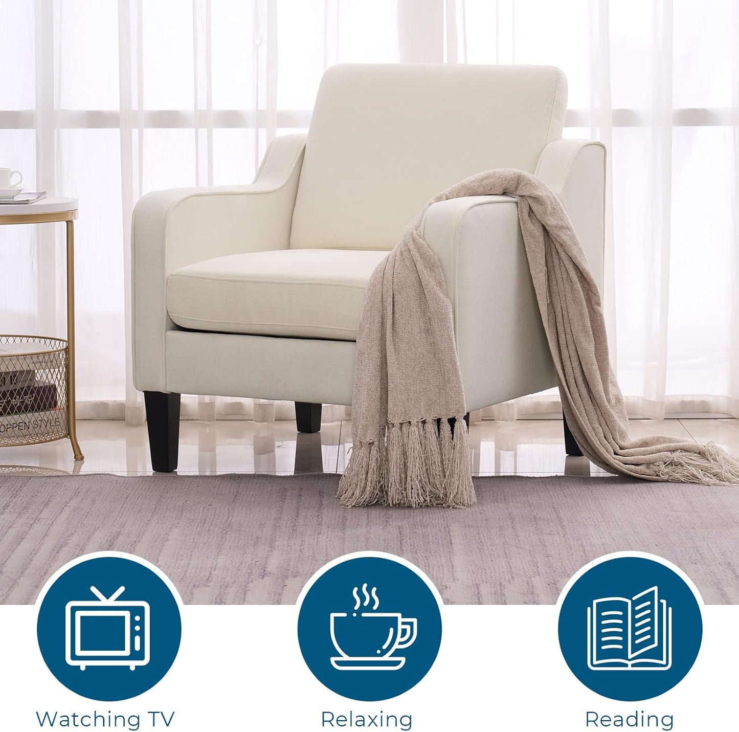 VINGLI Mid Century Modern Accent Chair, Beige Fabric Accent Chairs for Living Room Upholstered Armchair Sofa with Scooped Arms for Bedroom, Apartment, Studio, Office, Waiting Room