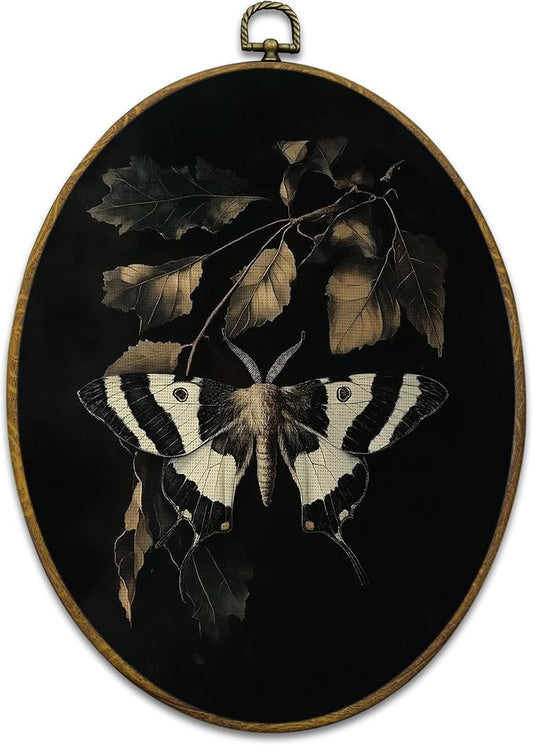 Mcehtle Vintage Butterfly Wall Art Decor, Dark Moody Cottagecore Moth Insect Botany Oval Framed Canvas Prints 8.6x11.4, Neutral Farmhouse Wall Hanging Artwork Decorations for Gallery Home Living Room