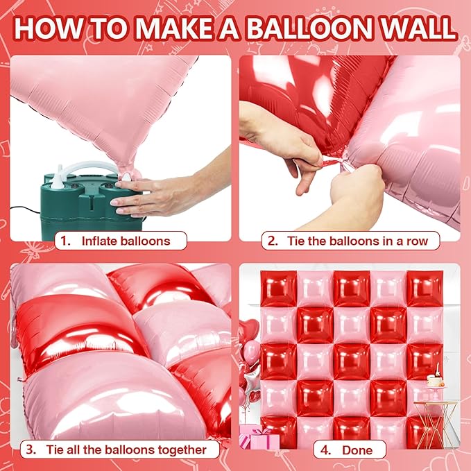 NISOCY 25PCS Red and Pearl Pink Square Foil Balloons Wall Backdrop Double Sided Red Pink Balloon Arch Kit for Birthday Bachelorette Anniversary Engagement Valentine's Day Strawberry Party Decoration