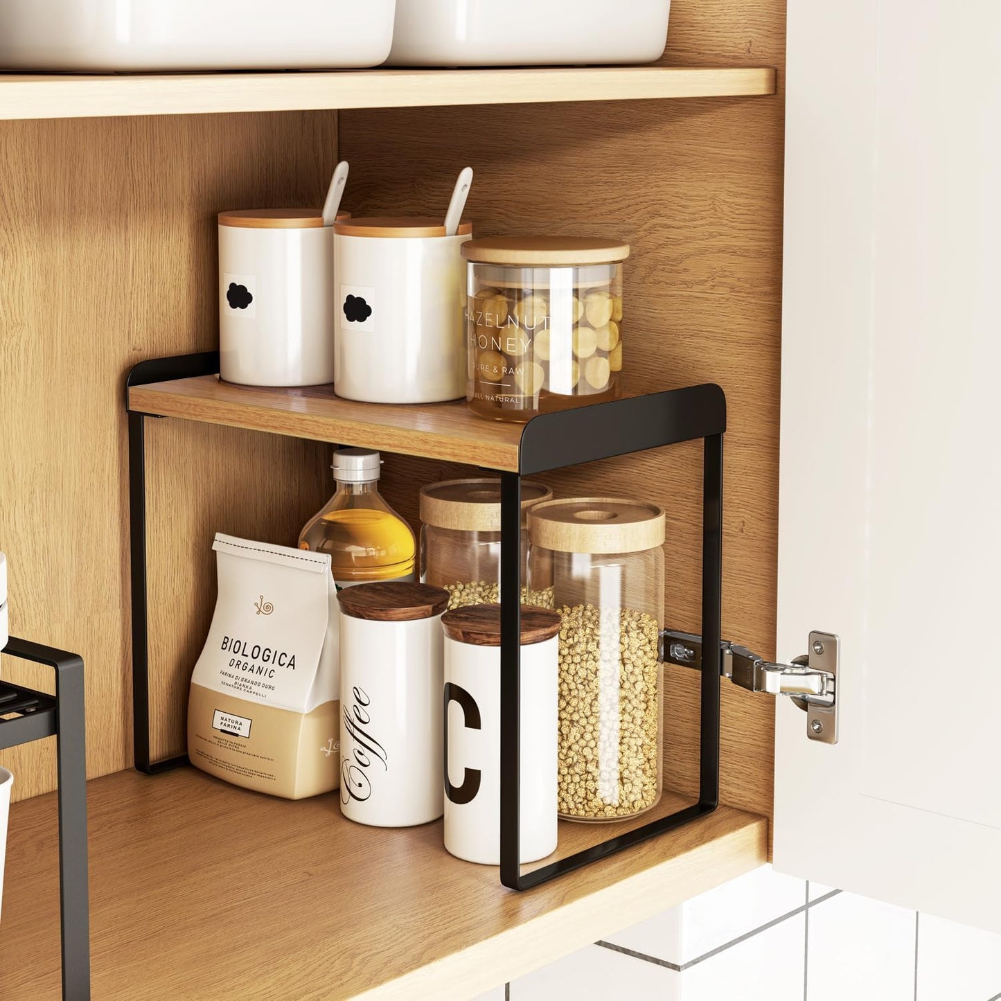 Mitus Shelf Organizer and Storage, Tiered Wood Cabinet Rack for The Kitchen Counter, Bathroom Counter, Pantry Cupboard, Office Desk Bookshelf, 16" Wide Natural and Black