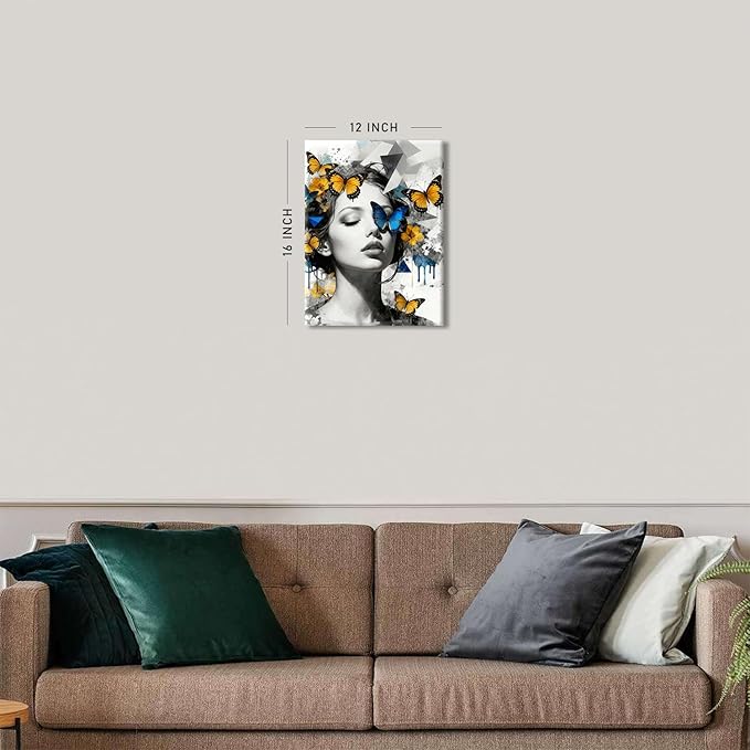 Abstract Butterfly Wall Art Women Pictures Wall Decor Modern Black and White Female Portrait Canvas Painting Blue Yellow Butterfly Wall Decor Aesthetic Prints Artwork for Living Room Bedroom 12x16"