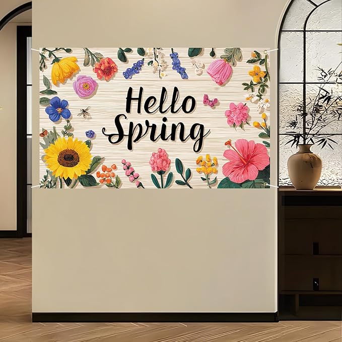 Hello Spring Backdrop 71''x 43'' Hello Spring Banner Flower Butterfly Backdrop Decorations for Photography Background Photo Prop Booth Party Decor