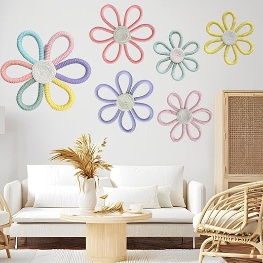 KUNHEHO Boho Wall Decor Set of 6 Daisy Flower Wall Decor Nursery Bedroom Decor Bohemian Macrame Wall Hanging Decor for Nursery Home Bedroom ((Vivid Colors)