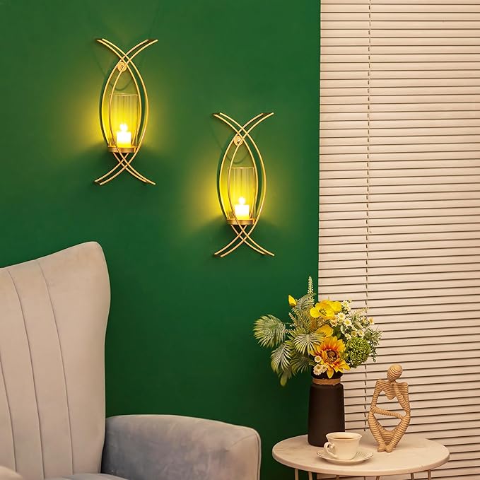 Candle Sconces Wall Decor Set of 2: Wall Hurricane Candle Holder Modern Metal Wall Mounted Gold Sconces Decorations for Living Room Bedroom Bathroom Hallway Outdoor