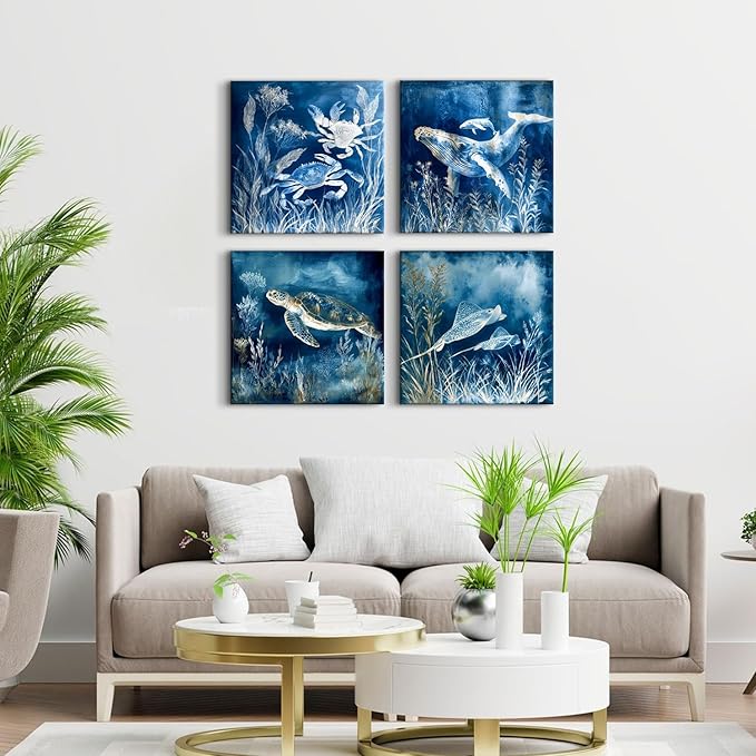 Sea Turtle Wall Art Ocean Wall Decor Navy Blue Coastal Living Room Sea Life Animals Canvas Pictures Whale Turtle Crab Posters Nautical Posters Artwork for Living Room Beach Home Decorations 20x20”