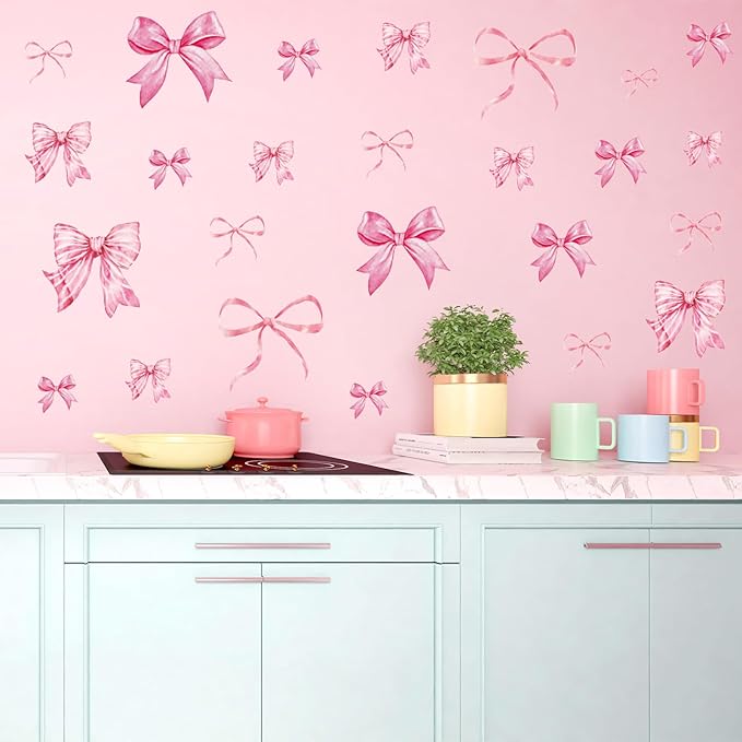 Whaline 12 Sheets Trendy Pink Bow Wall Stickers Light Pink Bow Knot Wall Decals Watercolor Room Mural Stickers for Girls Party Valentine's Day Home Bedroom Nursery, 7.9 x 11.8 Inch