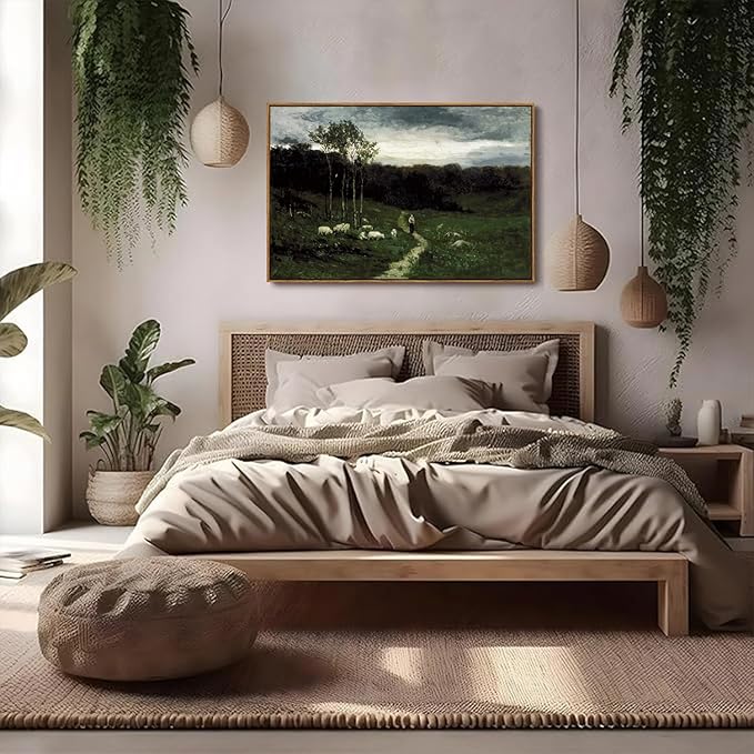 OIQArtOIQ Framed Vintage Landscape Wall Art Shepherd Natural Scenery Oil Painting Canvas Prints Country Farmhouse Aesthetic Fall Decor Pictures for Kitchen Bedroom Living Room Bathroom