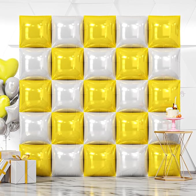 NISOCY 25PCS Yellow White Square Foil Balloons Wall Backdrop Double Sided Yellow Pearl White Balloons Arch Kit for Birthday Wedding Anniversary Baby Bridal Shower Party Decorations