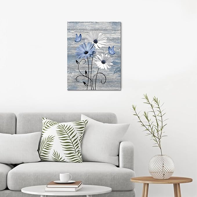 MYUSRE Farmhouse Blue Floral Wall Art for Living Room, Blue and White Daisy Butterfly on Rustic Wood Canvas Wall Art Country Flower Pictures for Bedroom Bathroom Office Wall Decor,10L X 8W inches