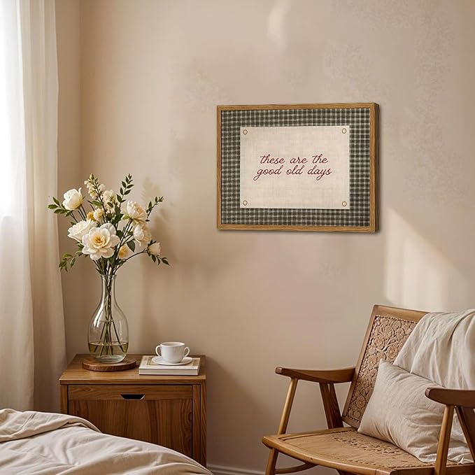 Framed These Are The Good Old Days Wall Art, Vintage Family Inspirational Quote Pictures Wall Decor, Retro Green Gingham Paintings Prints Motivational Home Decor for Living Room Bedroom 16x24 inch