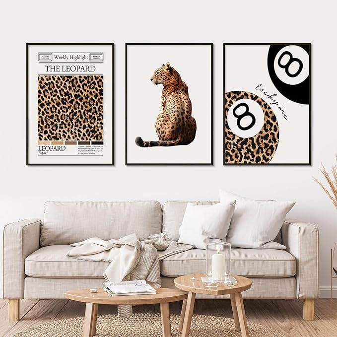 Lhoiplme Trendy Leopard Wall Art Cheetah Print Canvas Wall Decor 8 Ball Poster Preppy Room Aesthetic Pictures Funky Coquette Vintage Prints Y2k Fashion Lucky Posters for Bedroom 16x24x3 Inch Unframed