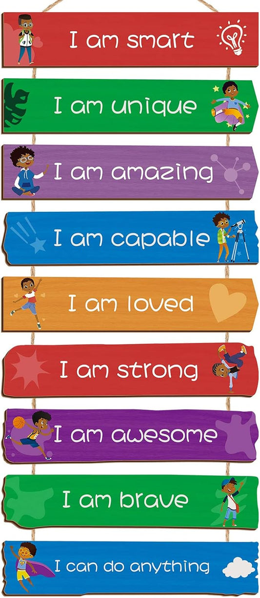 Chunful Set of 9 Boys Room Bedroom Decor Boys Inspirational Wall Decor Wood Hanging Plaque Motivational Kids Bedroom Wall Sign for Kids Teenage Toddler(Black Boy)