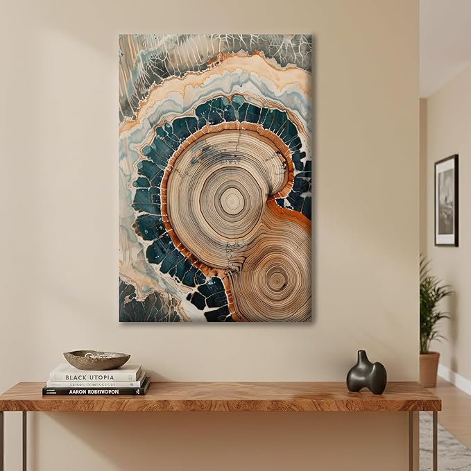 IBHJSART Framed Tree Ring Canvas Wall Art Vintage Colorful Wood Stump Painting Prints Modern Minimalist Pictures Neutral Nature Rustic Farmhouse Decor Living Room Bedroom Bathroom Office