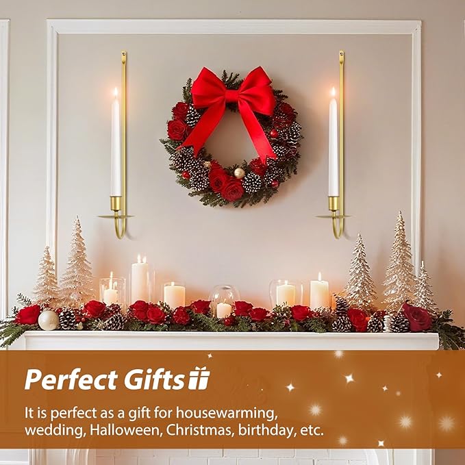 Candle Sconces Set of 2, 16.5 Inch Taper & Pillar Wall Candle Holder, Gold Wall Sconces Set of Two, Decor for Entryway, Stair Corner, Living Room, Gifts for Men Women Mom or Dad