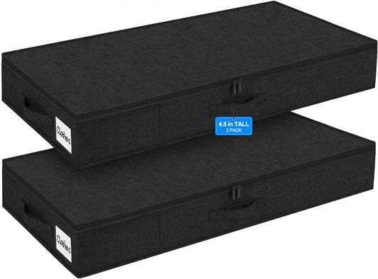 punemi Under Bed Storage Containers, 4.5 Inches Tall Low Profile Underbed Clothes Storage Organizer Bin with Sturdy Side & Bottom, Use as Shallow Dorm Storage Under Bed, Flat Clothes Organizer, Black