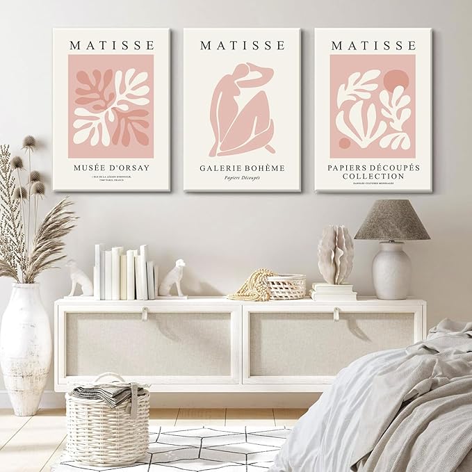 Djmwtb Matisse Abstract Canvas Wall Art Framed Set of 3 Pink Flower Market Poster Prints Modern Aesthetic Pictures Minimalist Wall Decor Painting for Living Room Bedroom Bathroom 12"x16"x3