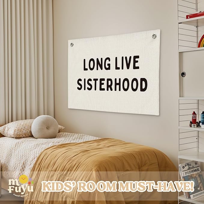Girls Room Decor–Long Live Sisterhood Linen Canvas Banner, Wall Hanging for Nursery, Playroom, Teen Girl Bedroom 20x30 Inch