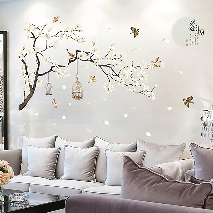 Large White Flower Wall Stickers, 50"x74" Removable DIY Romantic Cherry Blossom Tree Wall Murals Peel and Stick 3D Wall Art Stickers Home Decor for Gilrs Bedroom Nursery Rooms Living Room