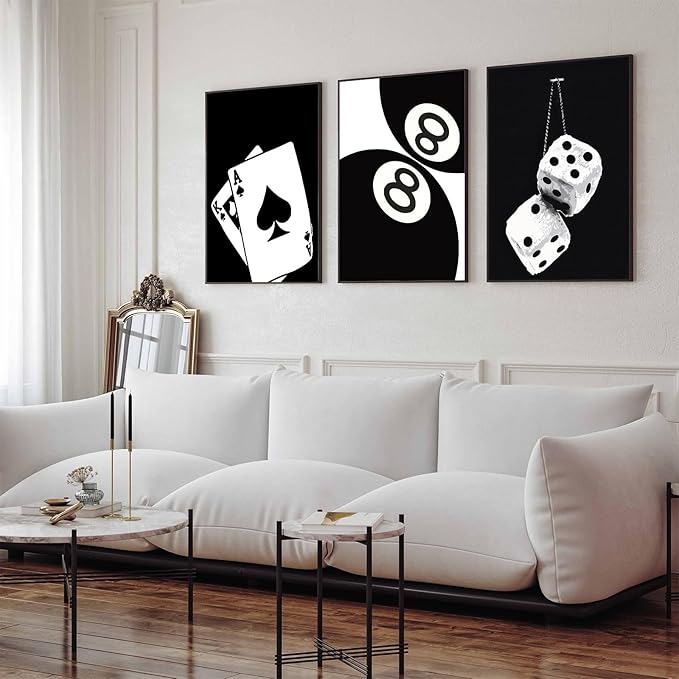 3Pcs Black and White Poker Dice Canvas Wall Art Lucky You Poster Prints Trendy Funky Preppy Y2K 8 Ball Pictures Artwork Aesthetic Painting for Game Room Apartment Dorm Decor 16x24in Unframed